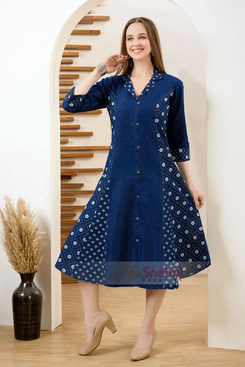 Designer Denim Long Kurti Exclusive Denim Blue A Line Indo Western Dress With Coat Collar